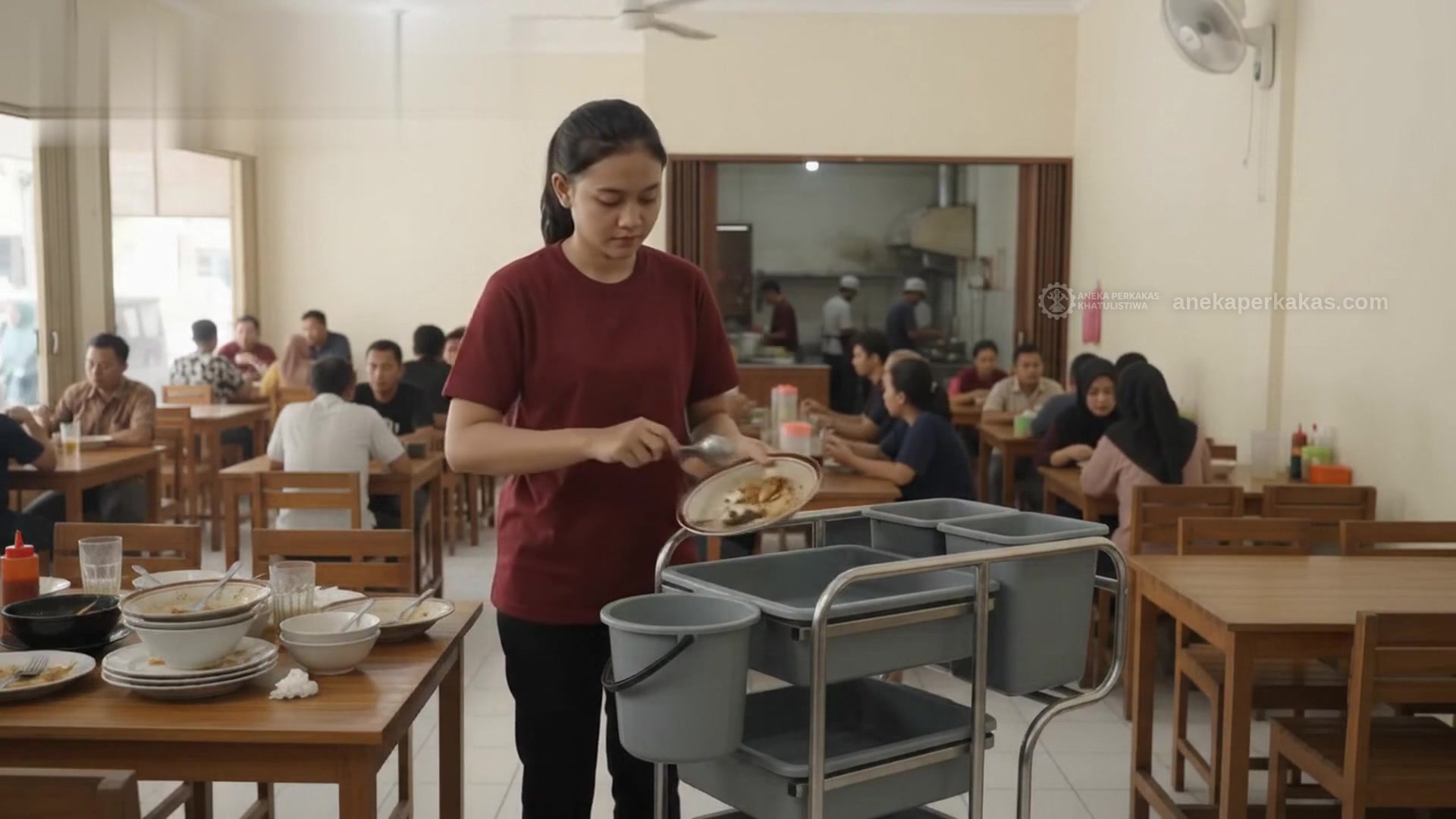 Perlengkapan restoran di Pontianak — troli piring, dispenser sabun, hand dryer, dan tong sampah pedal